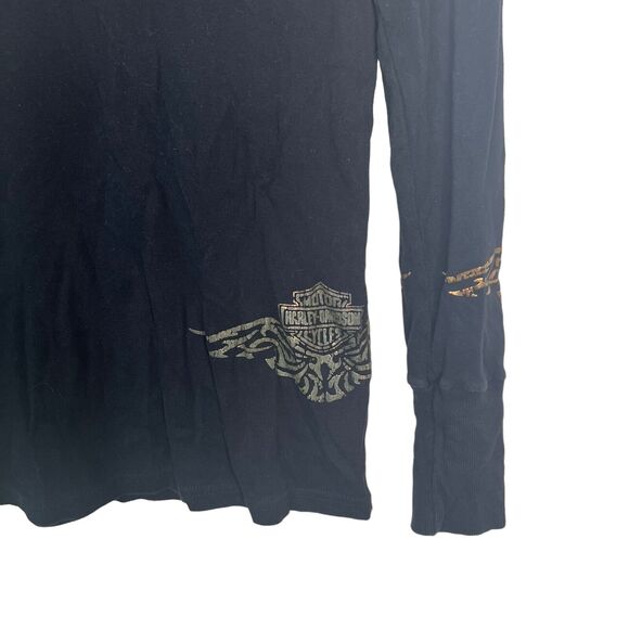 Harley Davidson Retro V-Neck Biker Long Sleeve Tee T-Shirt Black Gold Large - Picture 4 of 7